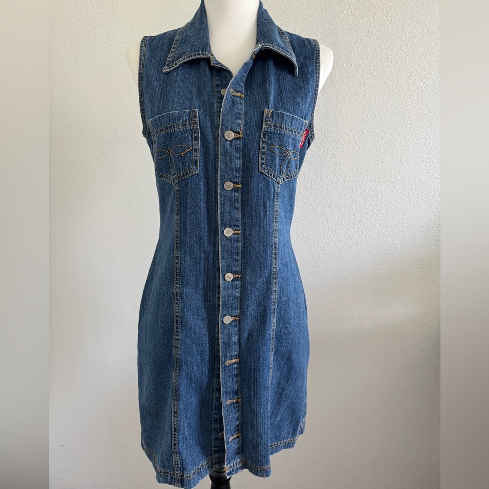 Vintage BONGO Blue Denim Button Up Collared Sleeveless Dress